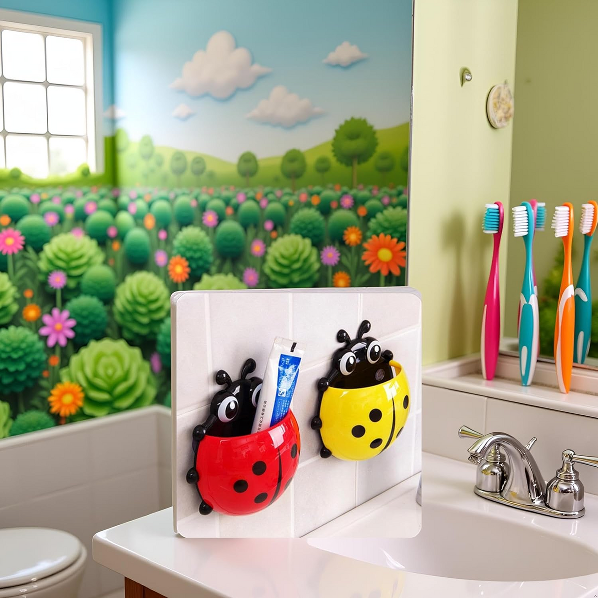 Ladybug Toothbrush Holder – Suction Hook Bathroom Organizer – close-up