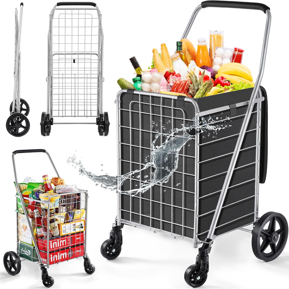 Foldable Shopping Cart – Durable Iron Frame & Dual Swivel – side view