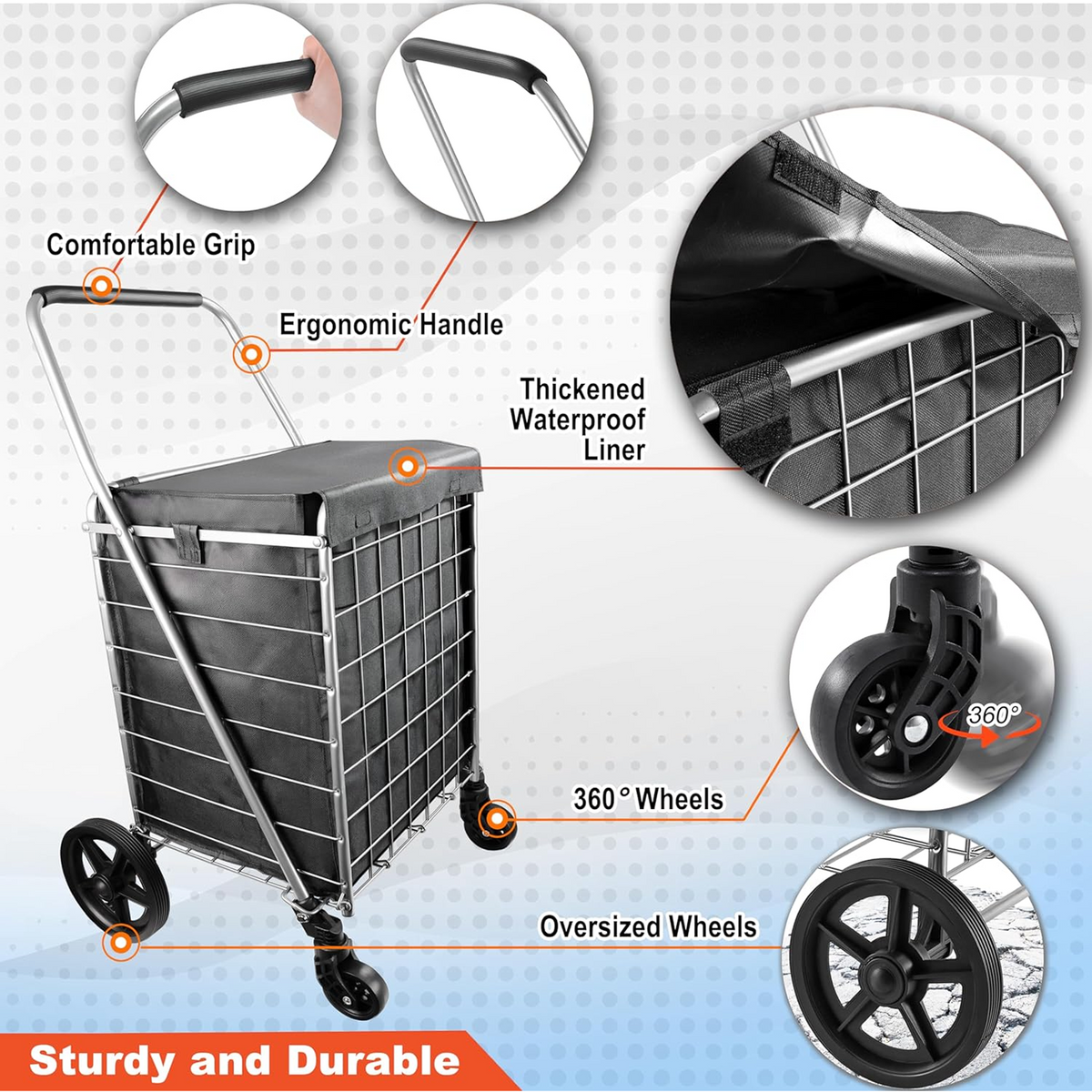 Foldable Shopping Cart – Durable Iron Frame & Dual Swivel – close-up