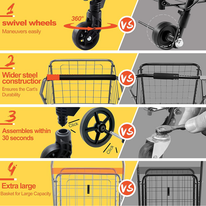 Foldable Shopping Cart – Durable Iron Frame & Dual Swivel – detail view