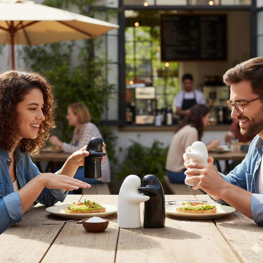 Ceramic Salt and Pepper Shakers – Modern Couple Design – detail view