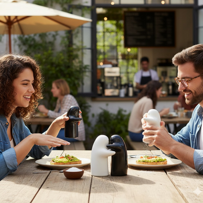 Ceramic Salt and Pepper Shakers – Modern Couple Design – detail view