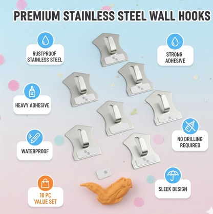 Stainless Steel Wall Hooks – 18 pc Heavy Duty set – side view