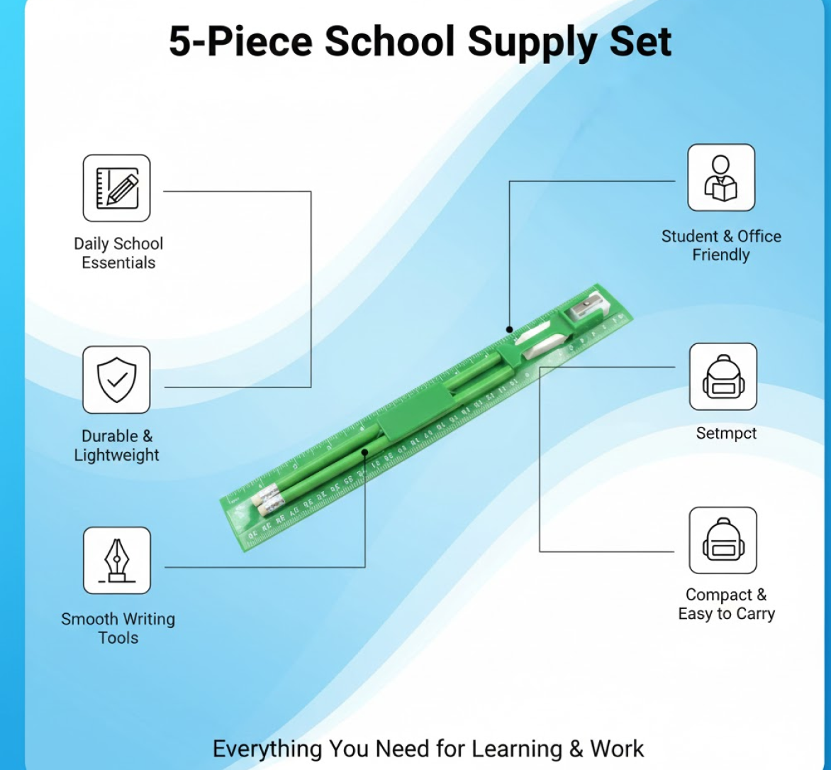 School Supply set – 5-Piece Essential Stationery Kit – detail view