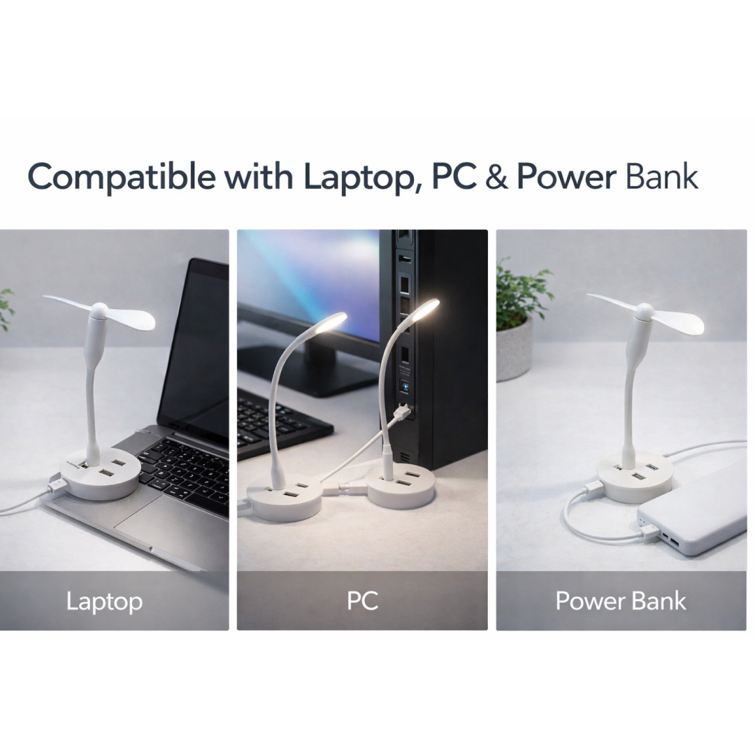 Portable USB Fan, Light & 3-Port Hub Combo for Laptops – detail view