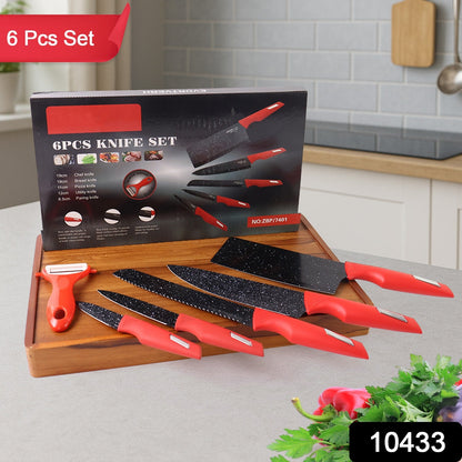 Kitchen Knife set – Marble-Coated Blades & Ergonomic Red – side view
