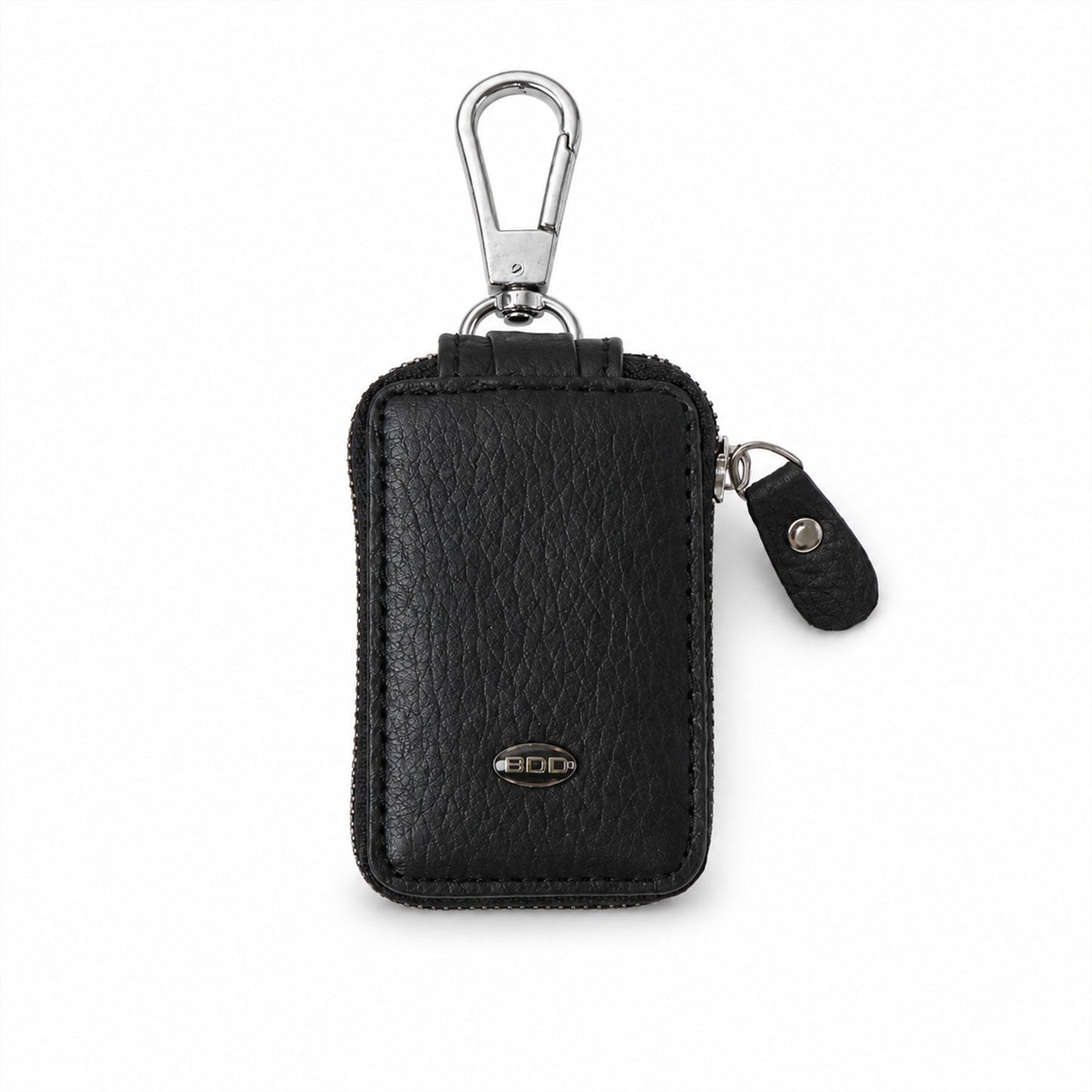 Elegant black PU leather car key case on white background.