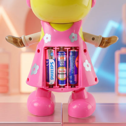 Close-up of flashing lights and moving parts on dancing girl toy