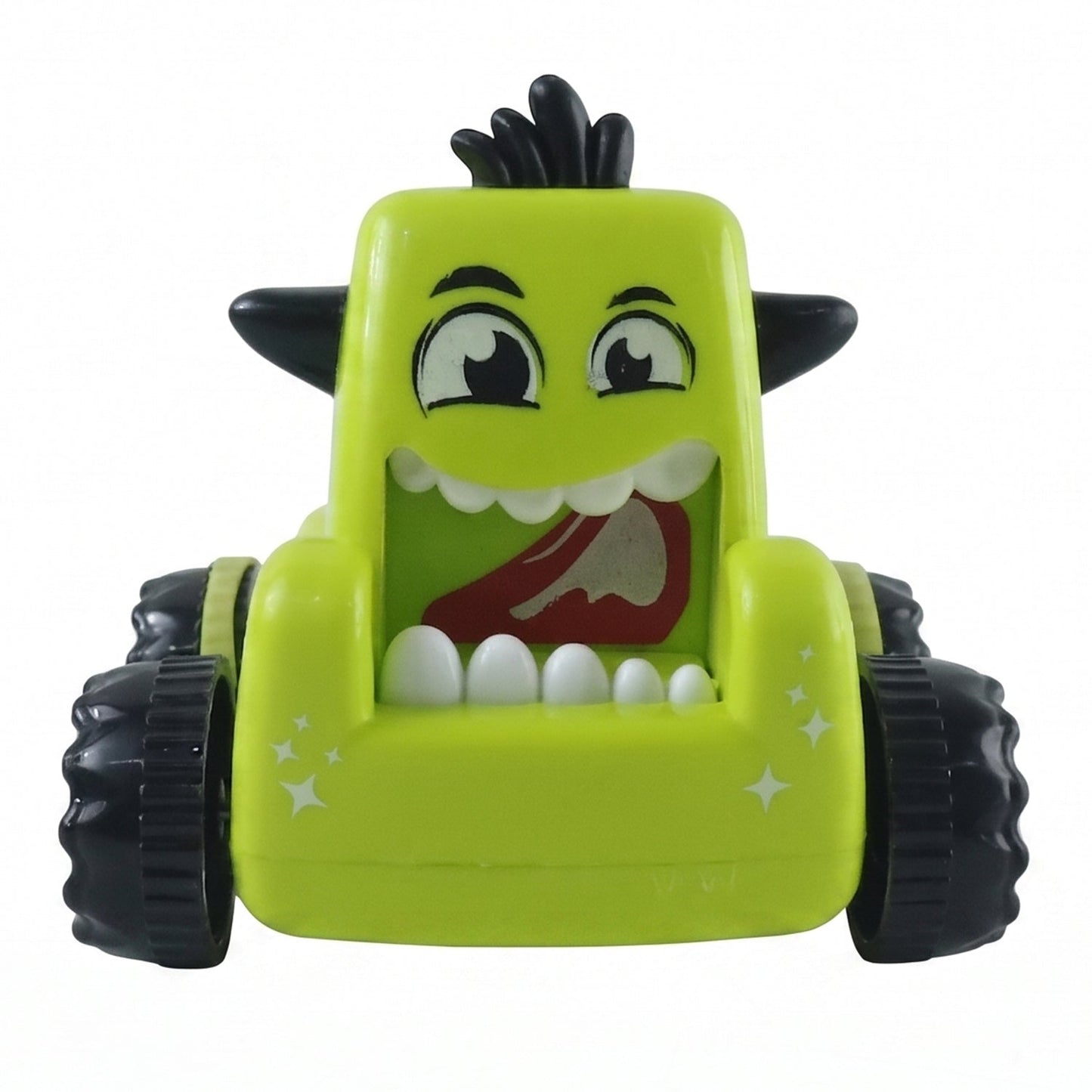 Bright yellow cartoon monster mini car toy displayed on a clean white background.