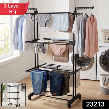 Three layer cloth drying stand with smooth rolling wheels.