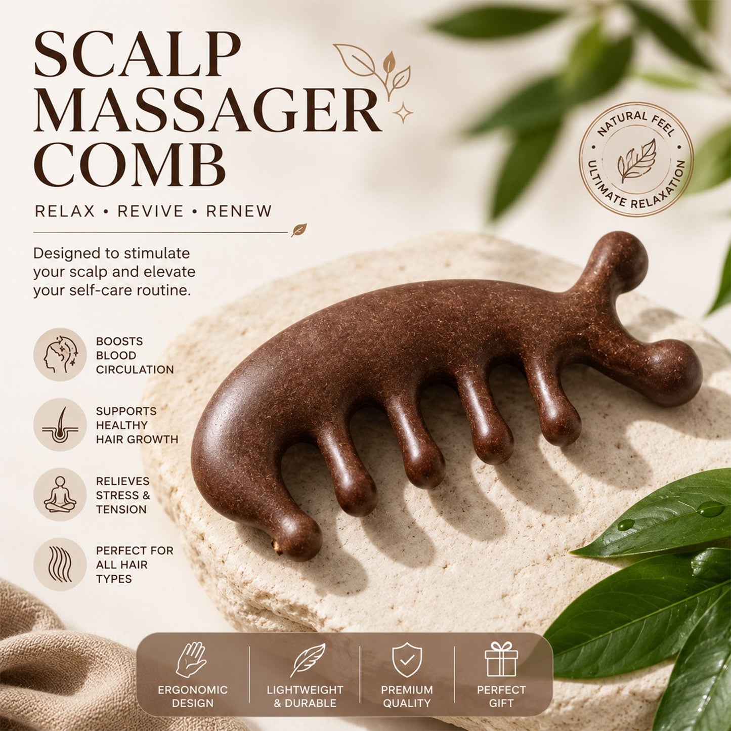 Close-up of wooden scalp massager comb teeth