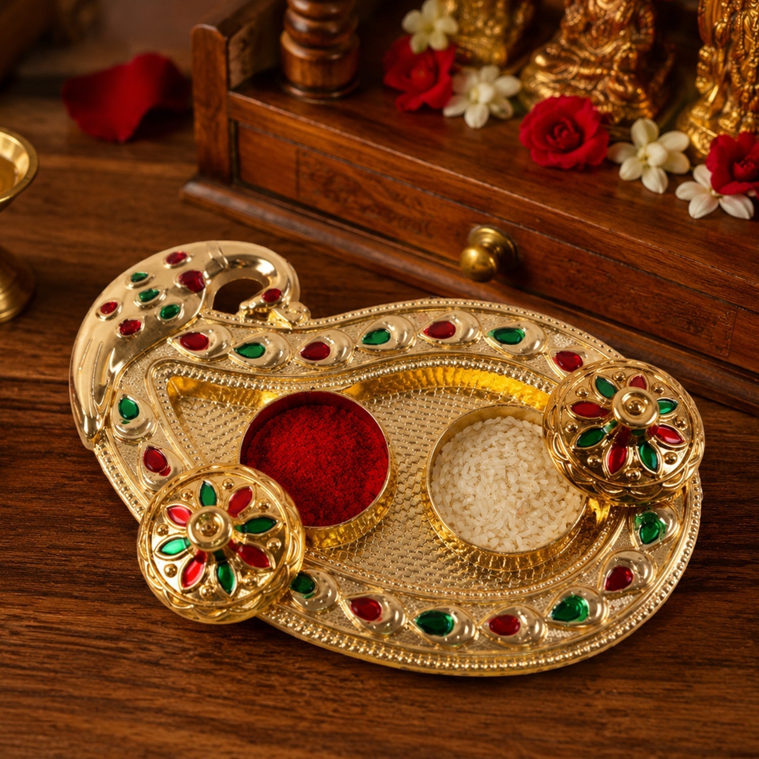 Decorative golden Roli Akshat Tika box with lid