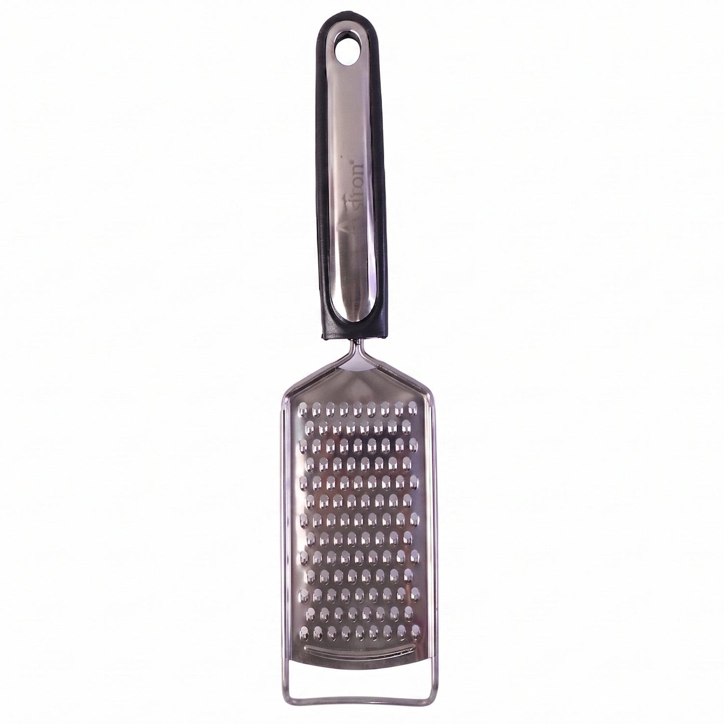 Slim stainless steel cheese grater on white background