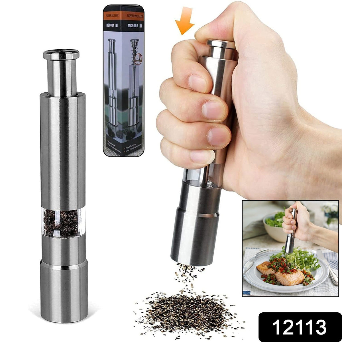 Thumb Press Grinder – Steel Salt & Pepper Mill – side view