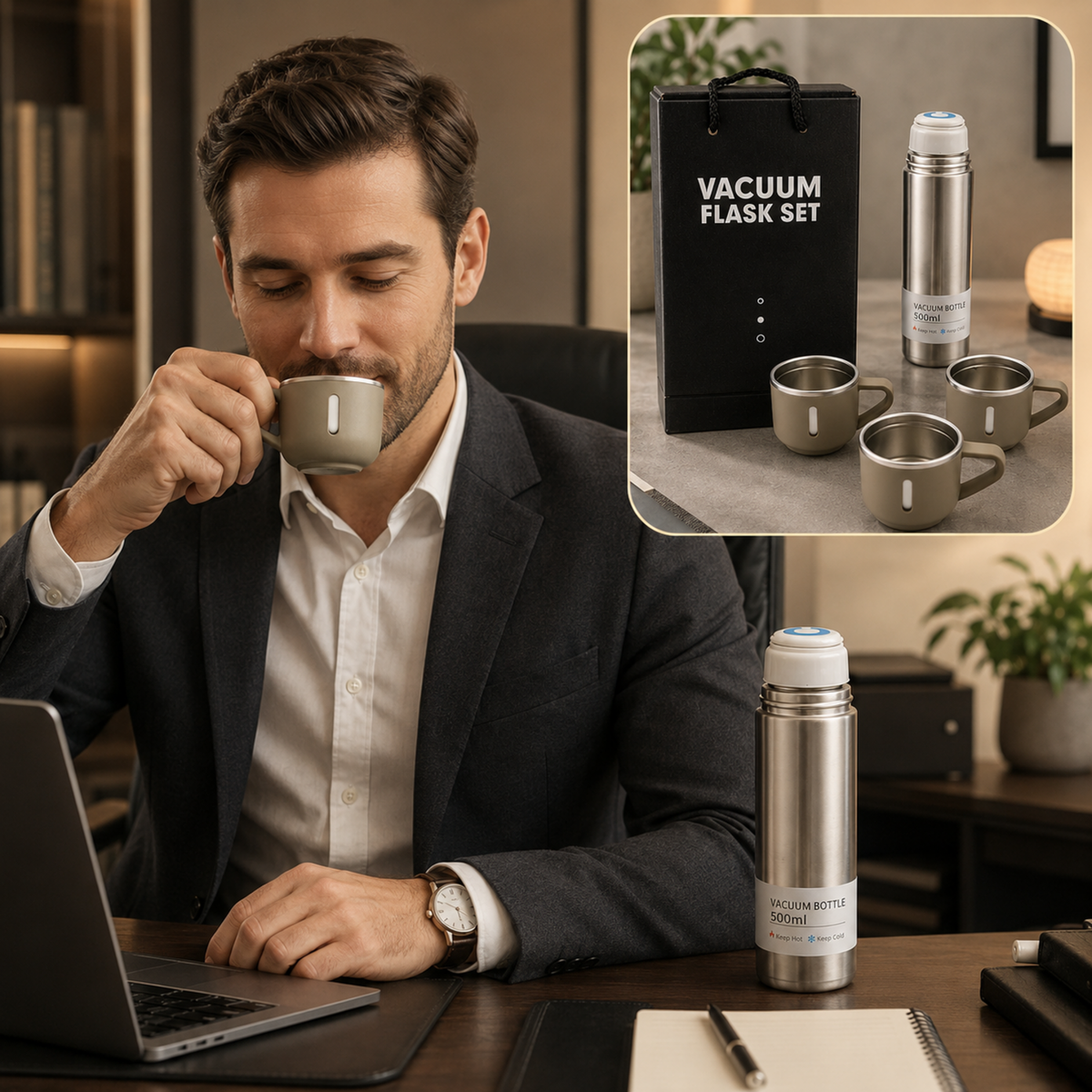 Stainless Steel Vacuum Flask set for Men with 3 Cups 500 ml
