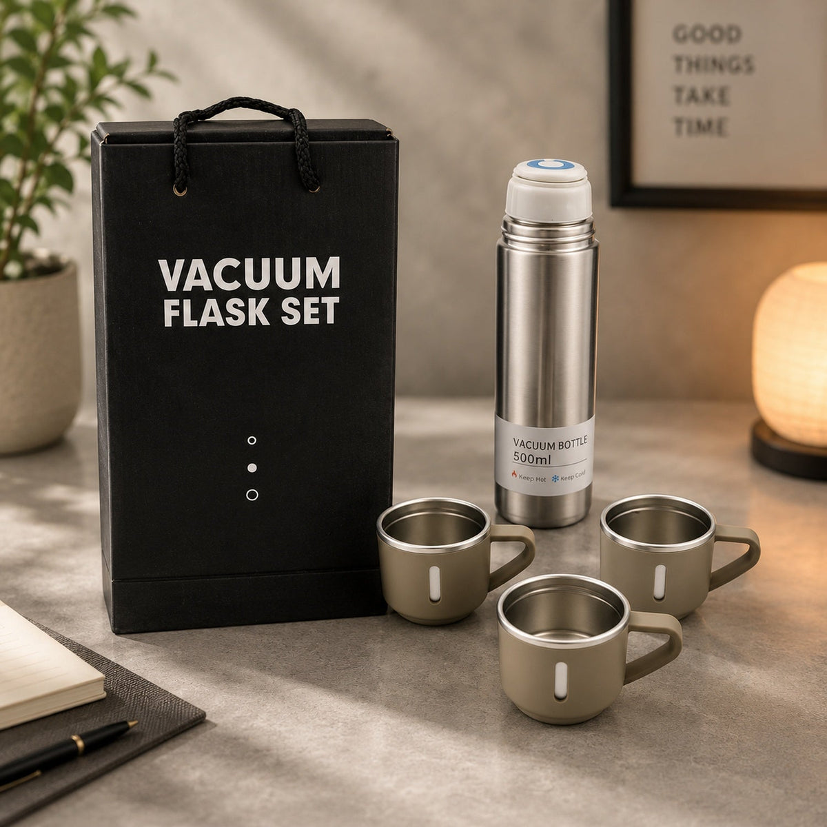 Stainless Steel Vacuum Flask set for Men with 3 Cups 500 ml – close-up