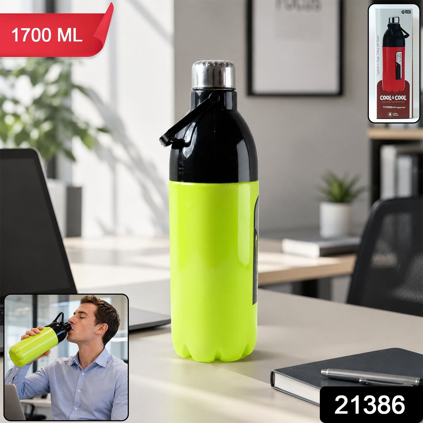 Person holding the 1700ml water bottle by its convenient carry strap for easy transport.