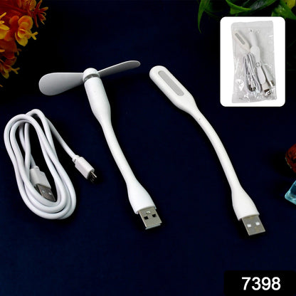 Portable USB Fan set – Mini Fan, LED Light & Cable – side view