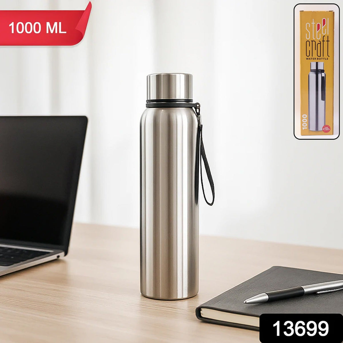 Stainless Steel Water Bottle 1000ml – Vacuum Insulated – side view