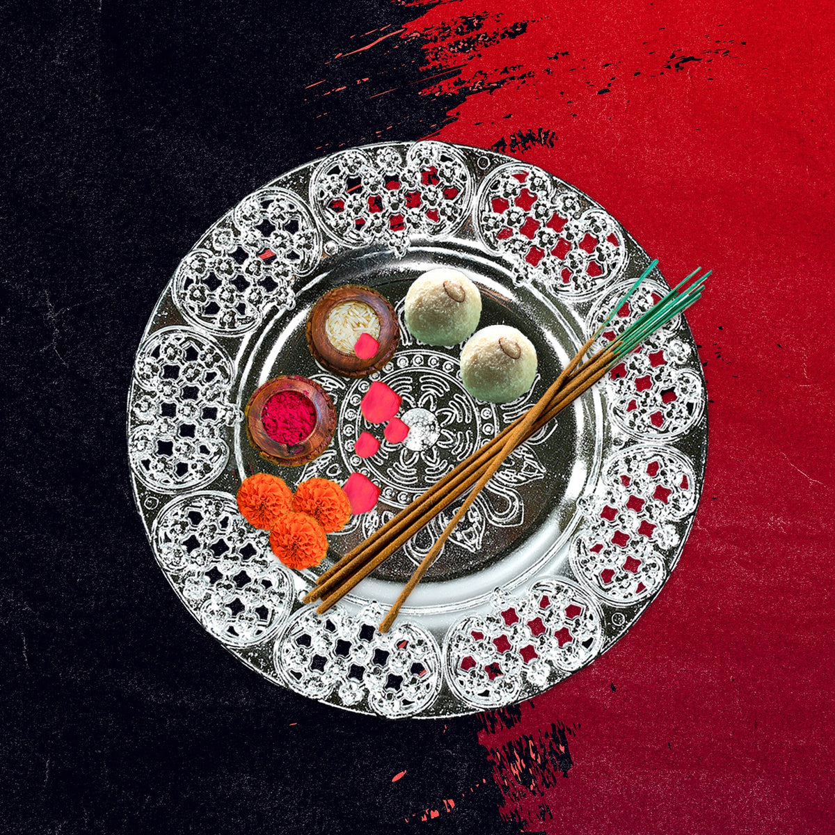 Pooja Thali set – 8-Inch Plastic Silver Color for Festivals – close-up