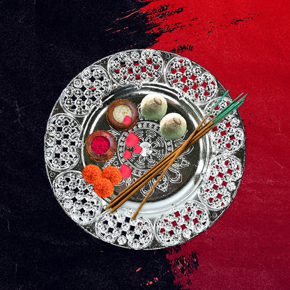 Pooja Thali set – 8-Inch Plastic Silver Color for Festivals – close-up