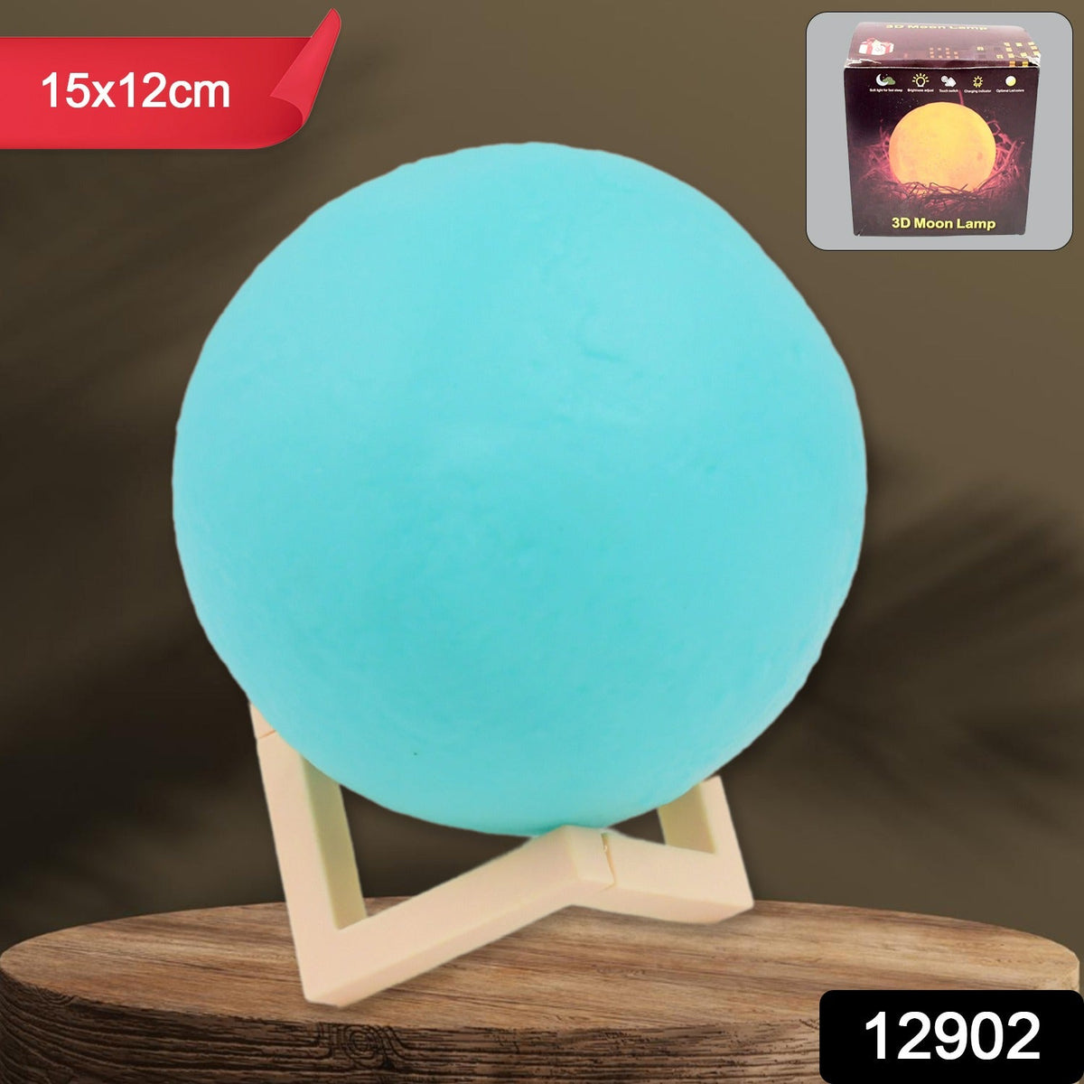 Moon Night Lamp – Blue 3D LED with Plastic Stand – side view