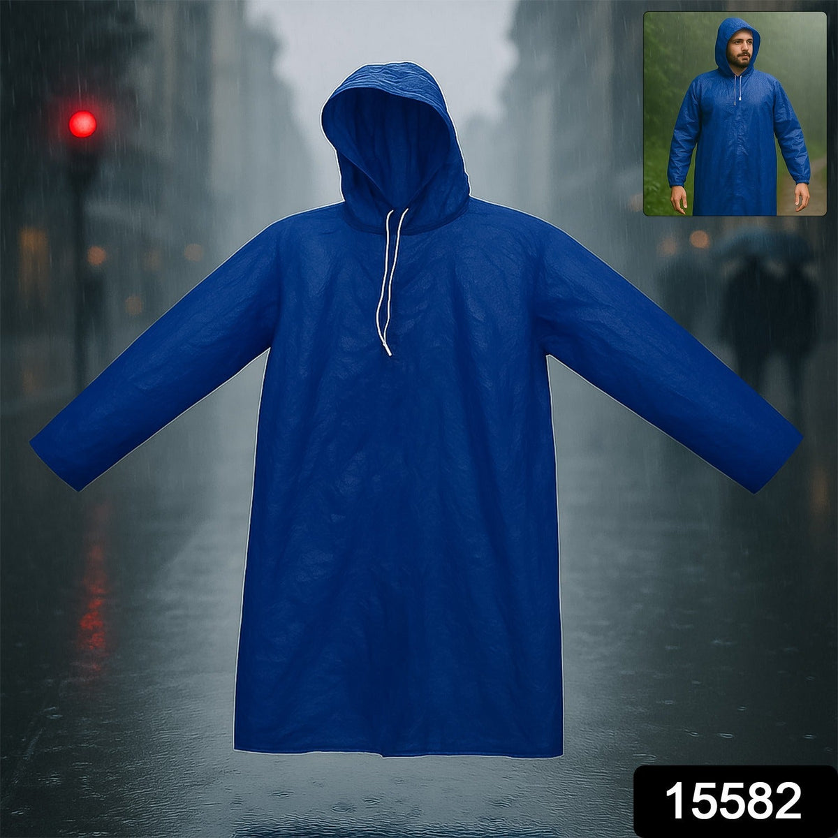 Waterproof Hooded Raincoat for Men Durable Lightweight Blue – side view