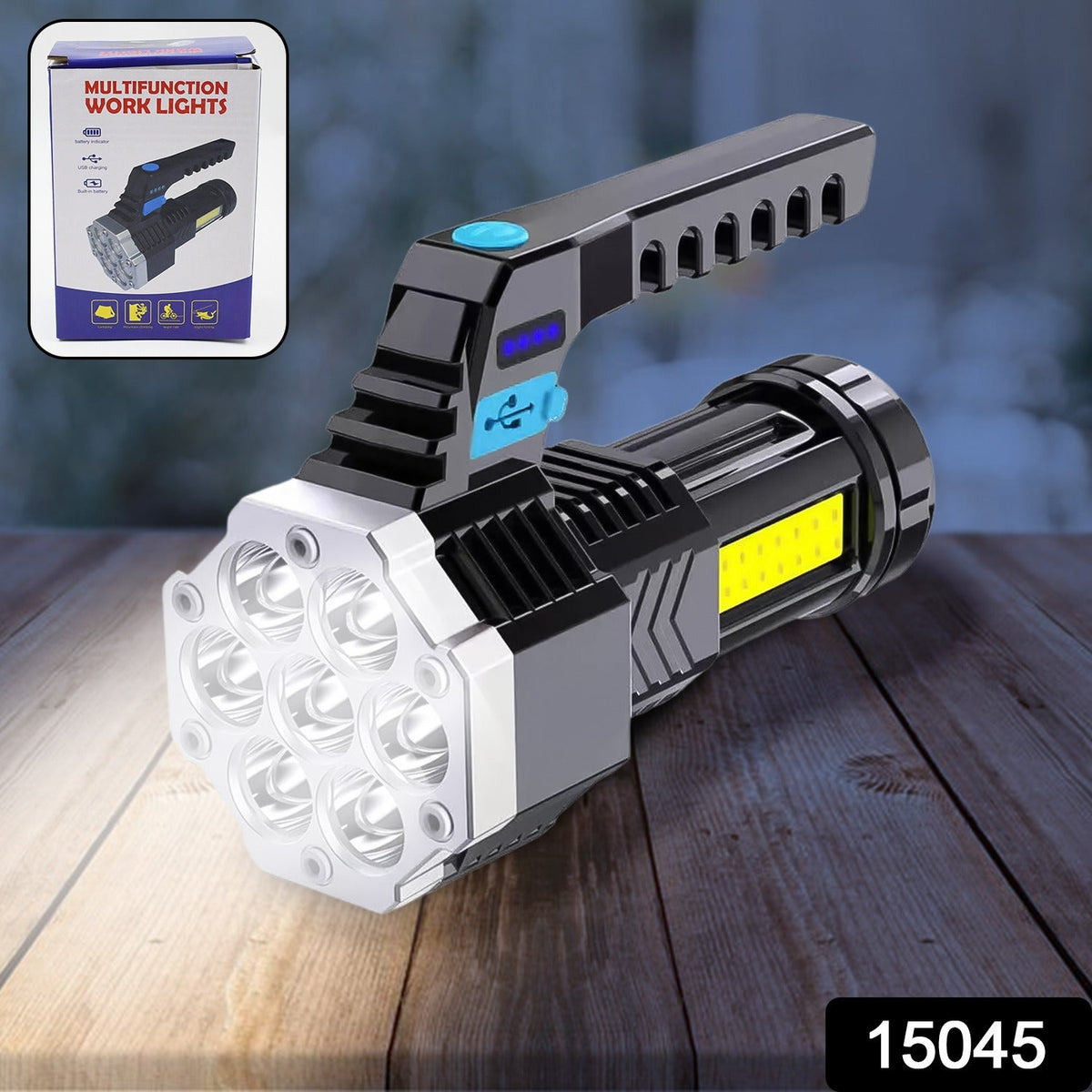 Rechargeable LED Flashlight – Portable 7-LED COB Torch – side view