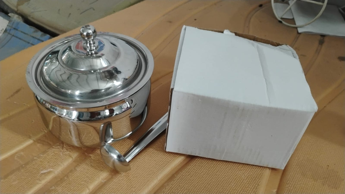 Stainless Steel Ghee Pot with Lid & Spoon – Mirror Finish – view 10