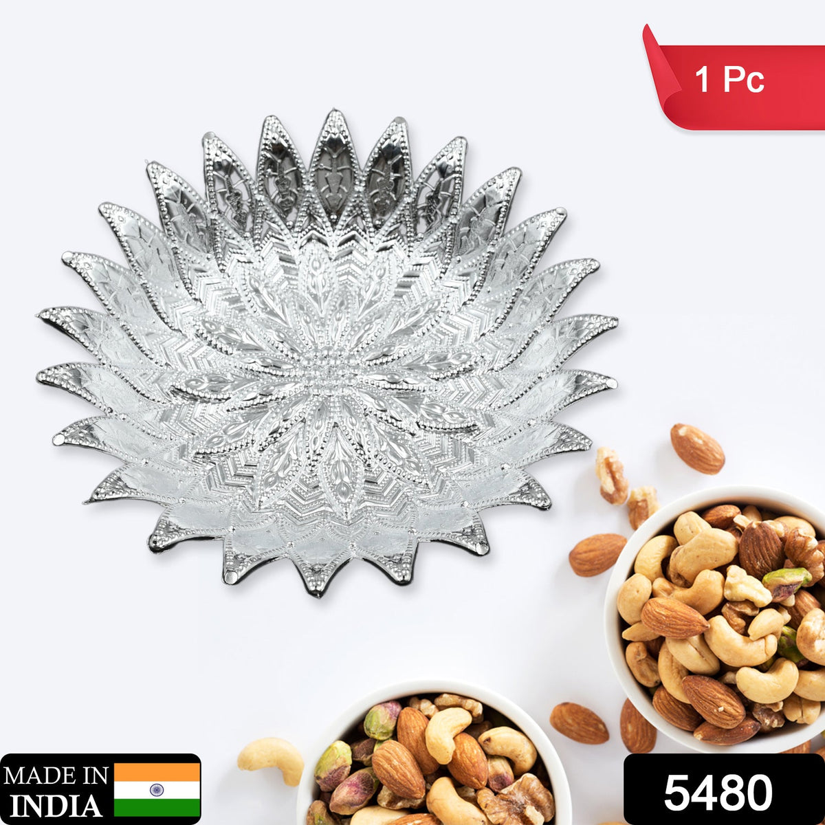 Silver Finish Serving Tray – Decorative Mukhwas & Dry Fruit – side view