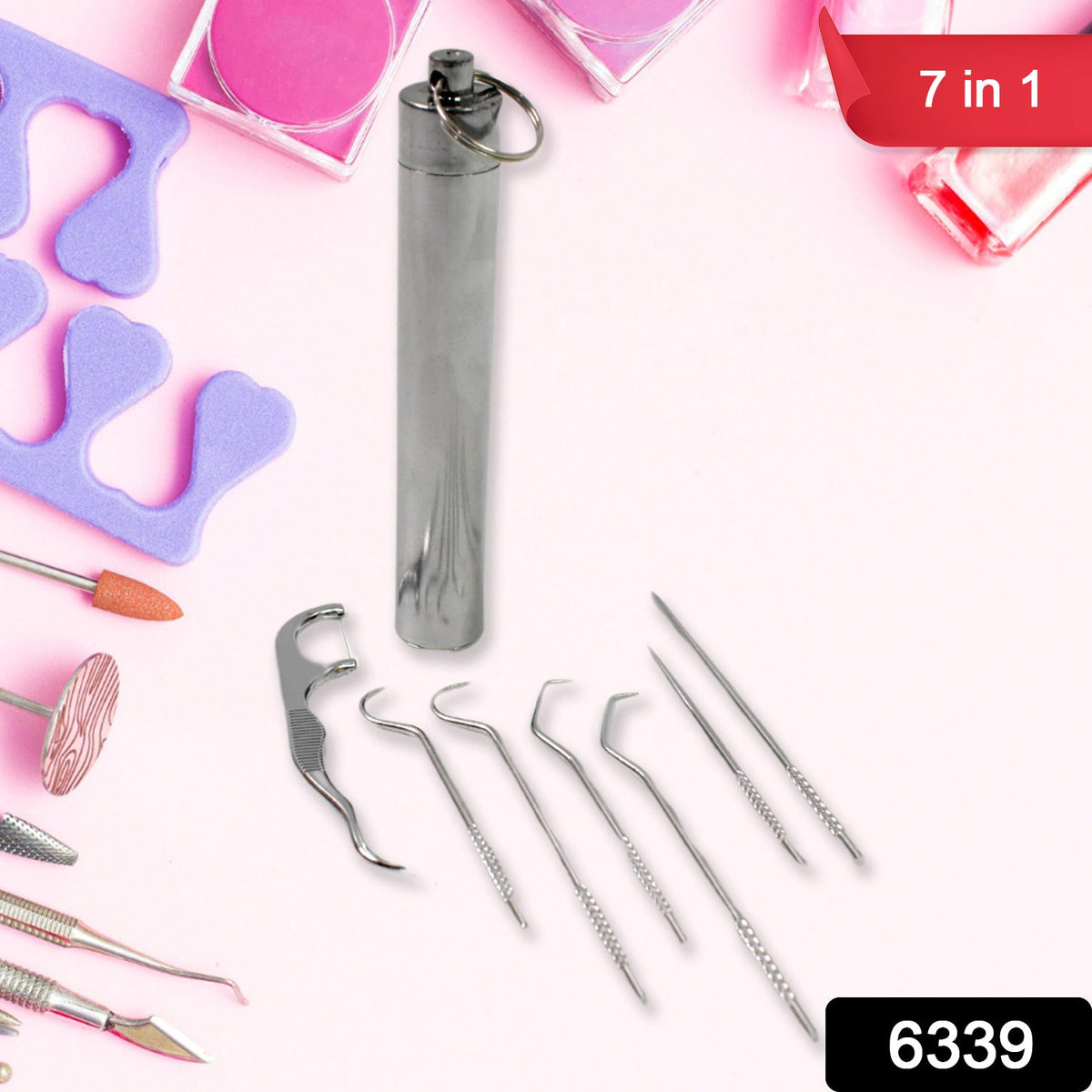 Stainless Steel Toothpick set – 7-in-1 Portable Dental Kit – side view