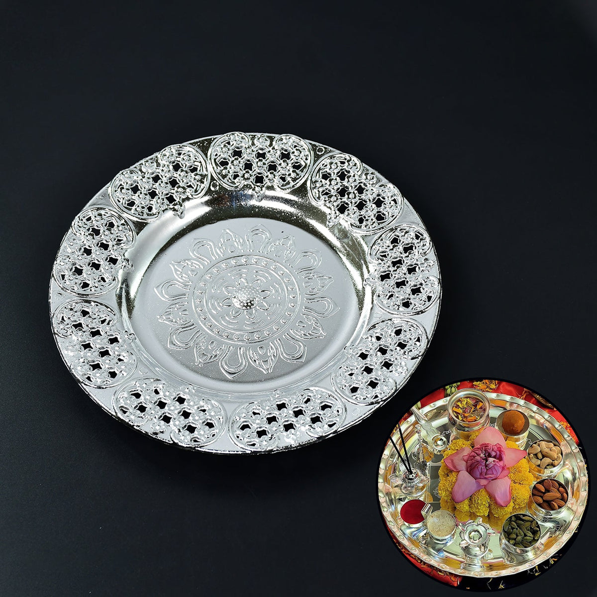 Pooja Thali set – 8-Inch Plastic Silver Color for Festivals