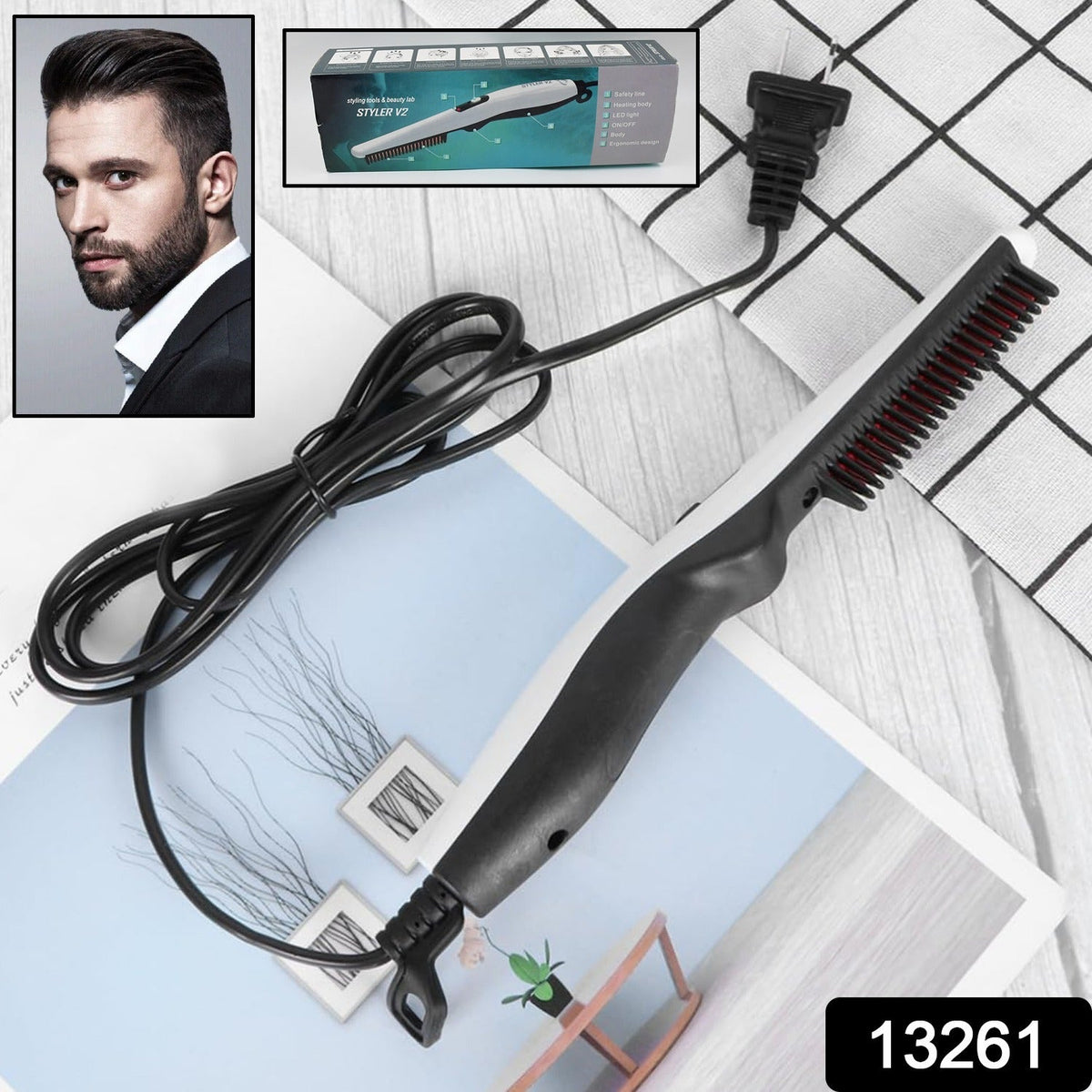 Electric Hair Straightening Comb – Portable & Safe Styling – side view