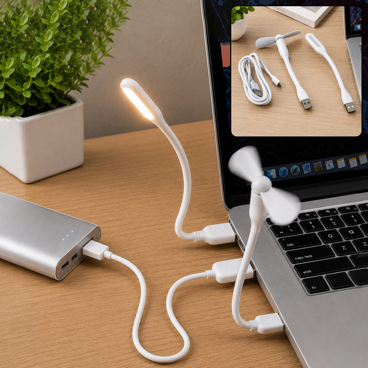 Portable USB Fan set – Mini Fan, LED Light & Cable