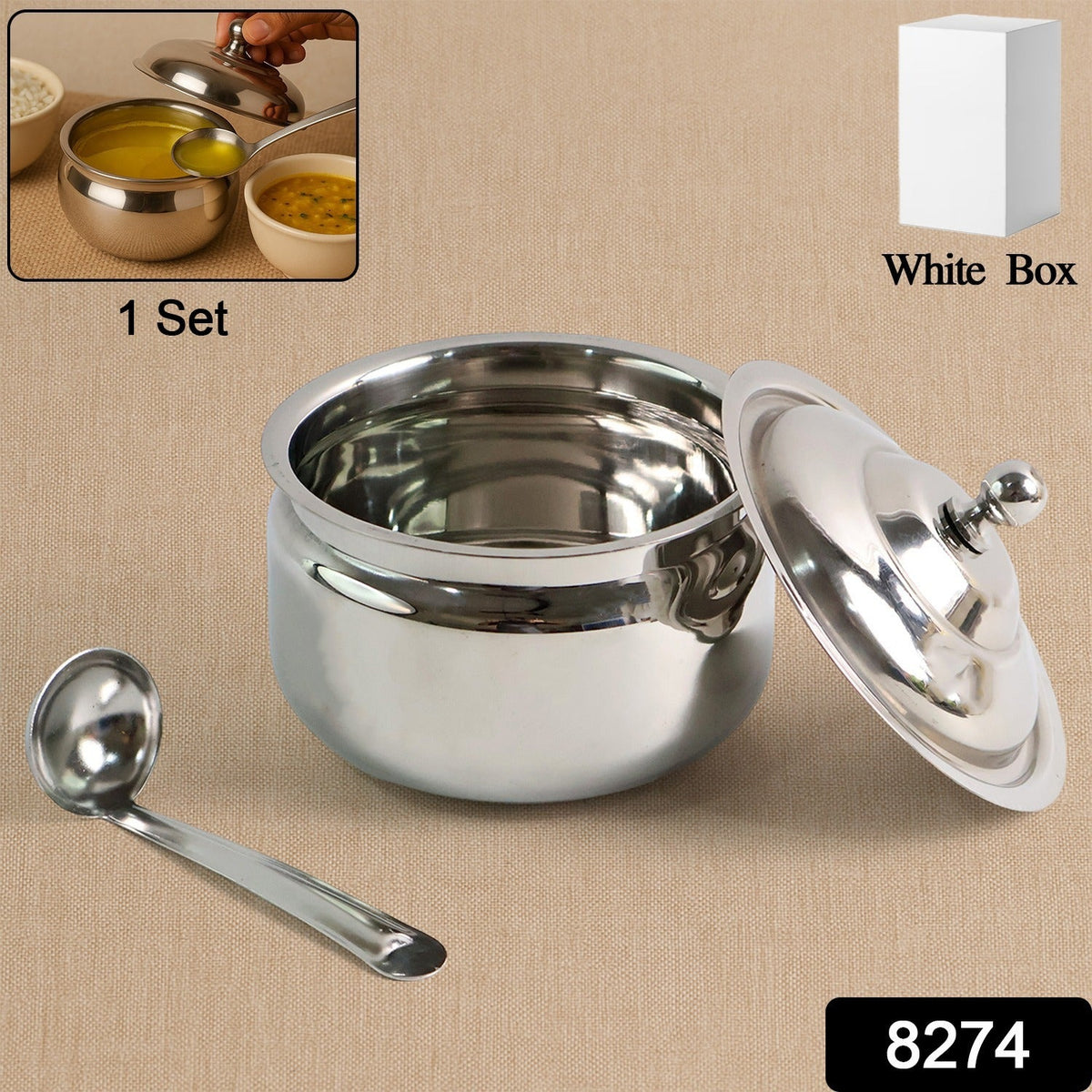 Stainless Steel Ghee Pot with Lid & Spoon – Mirror Finish – side view