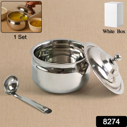 Stainless Steel Ghee Pot with Lid & Spoon – Mirror Finish – side view