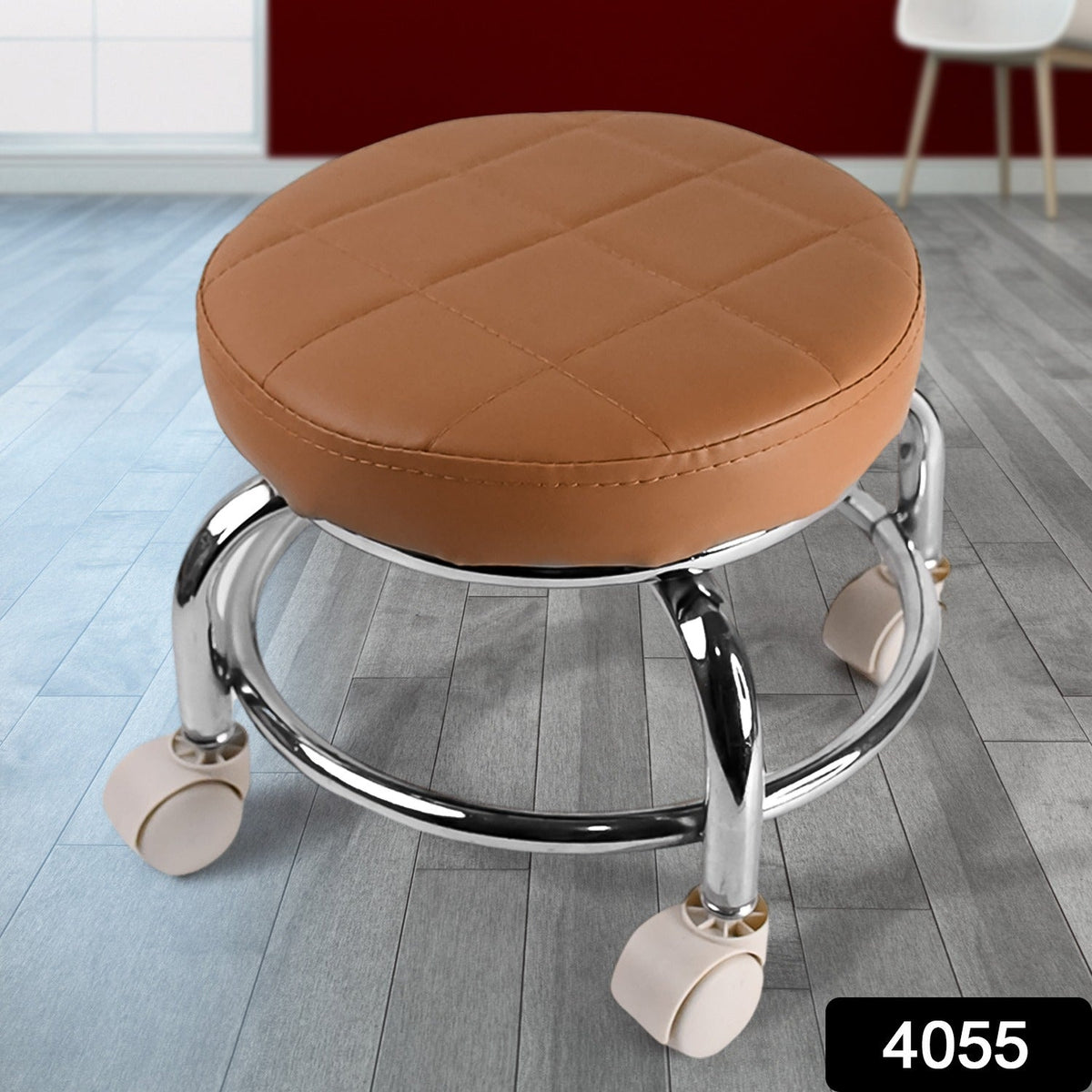 Rolling Stool with Steel Base & Cushioned Seat – Indo Glow – side view
