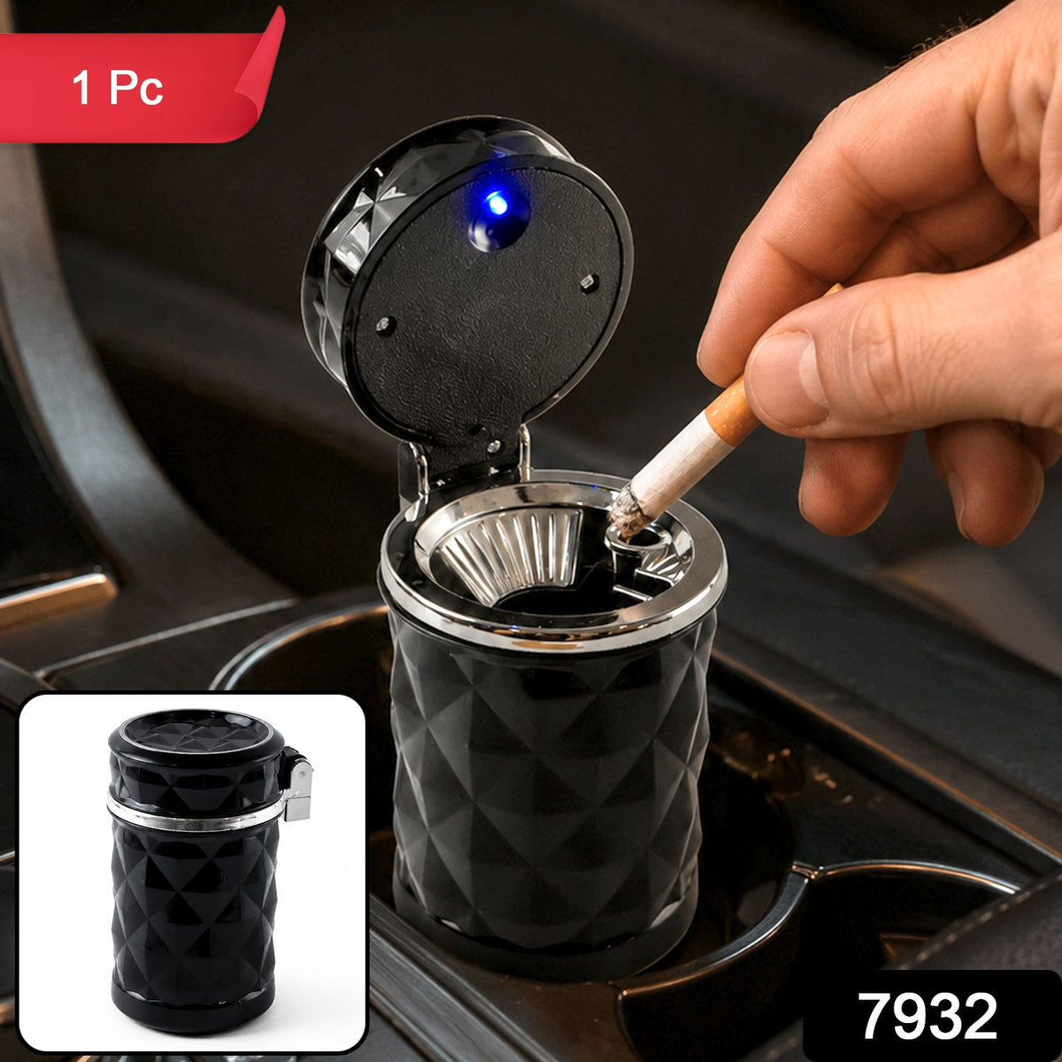 Car Cupholder Ashtray – LED Light, Lid & Portable Bin – side view