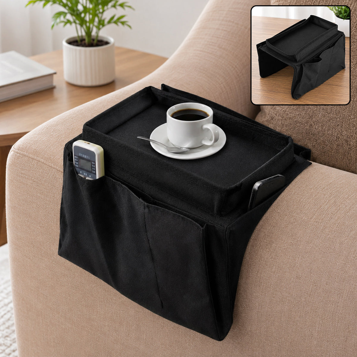 Sofa Armrest Organizer – Black Storage Caddy with Tray
