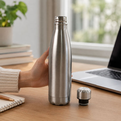 Durable stainless steel water bottle in silver, perfect for gym and school.