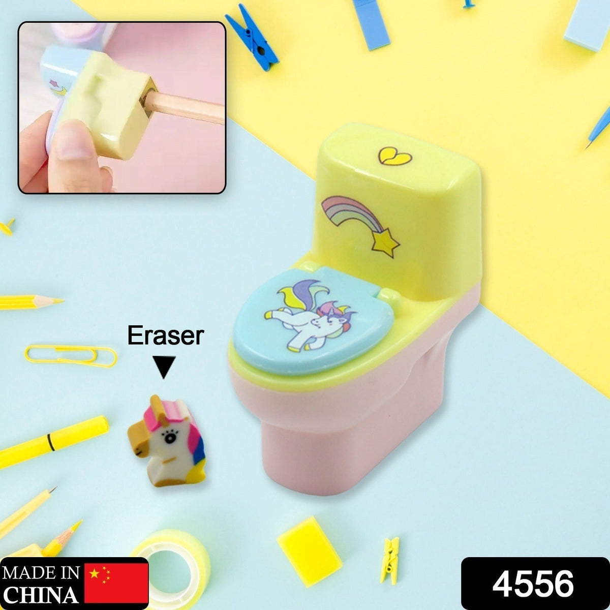 Toilet Pencil Sharpener – Fun Novelty with Eraser (2 pc Set) – side view