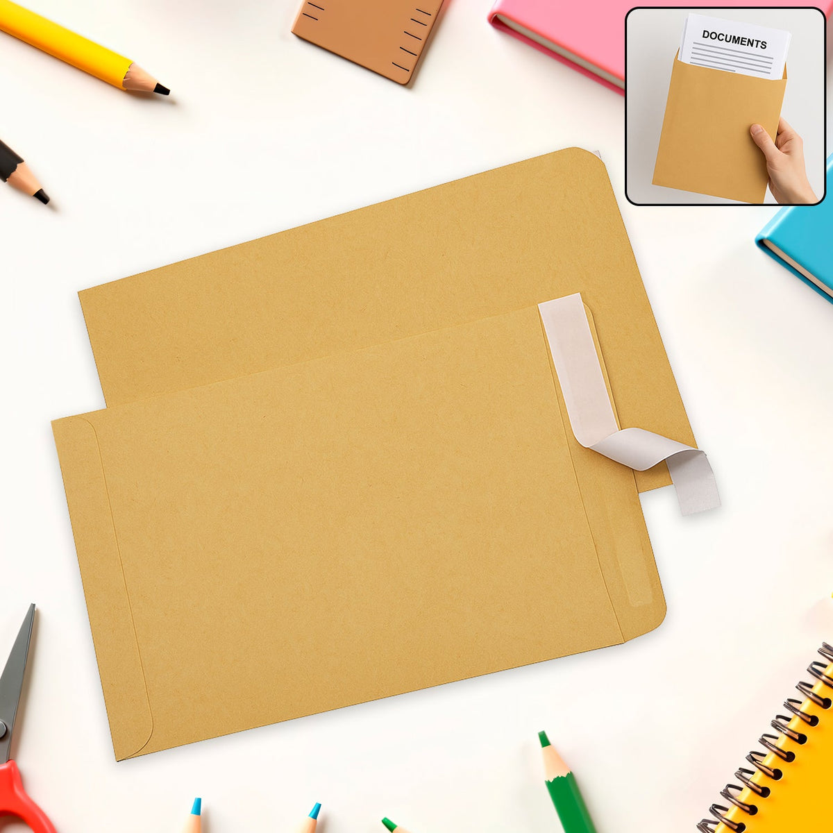 Brown Kraft Envelopes – Self-Seal for Invitations & Office – close-up