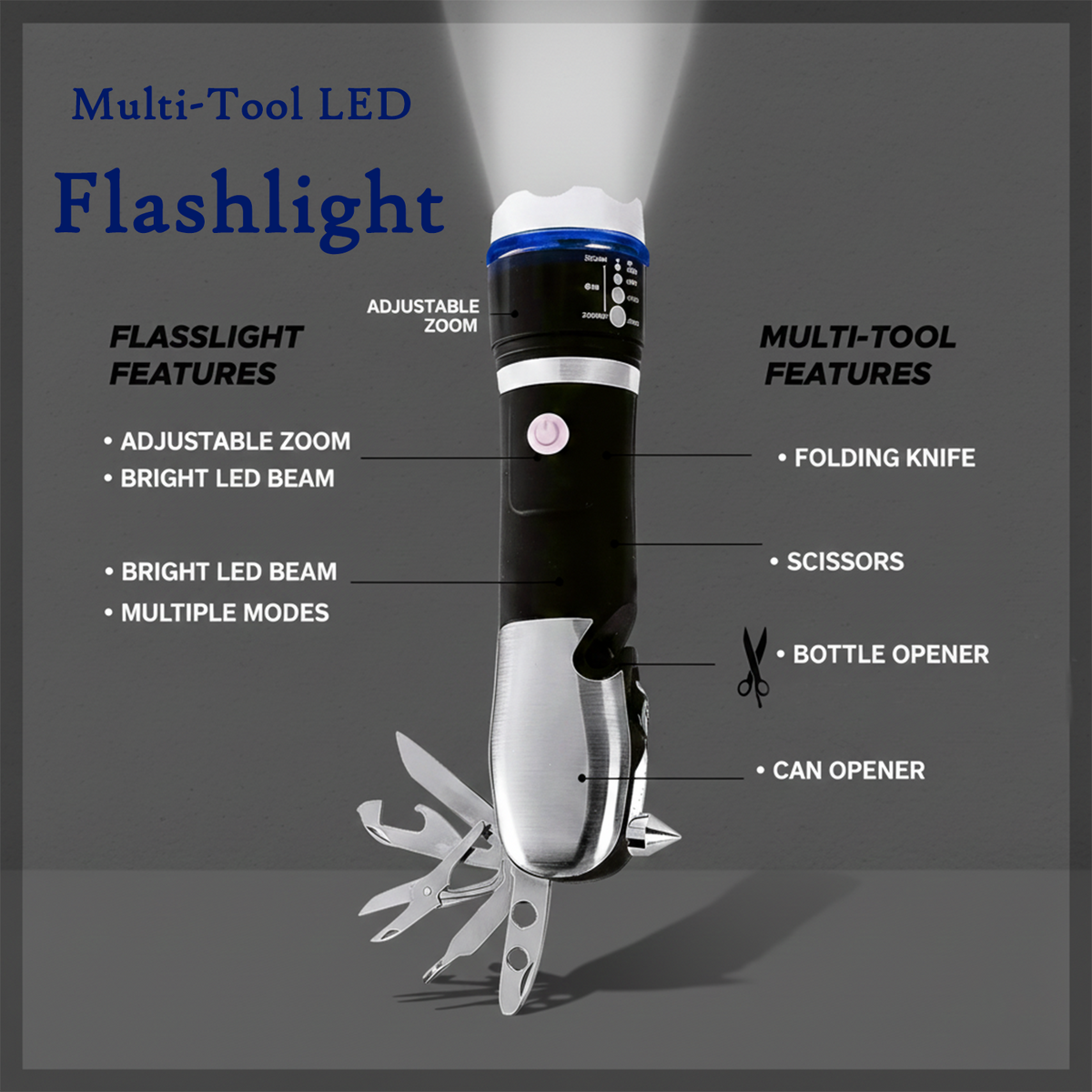 Multi-Tool LED Flashlight 7 in 1 Emergency Tool – detail view