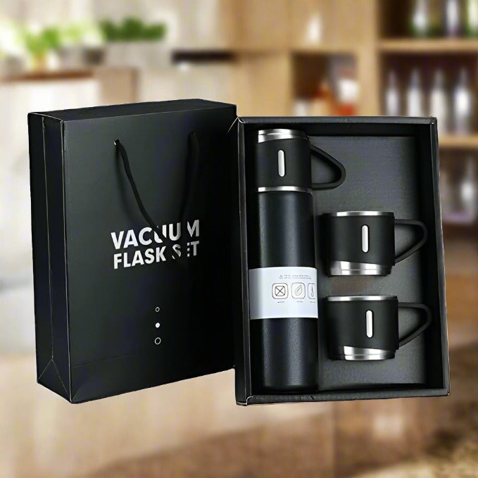 Stainless Steel Vacuum Flask set with 3 Cups – 500ml – close-up
