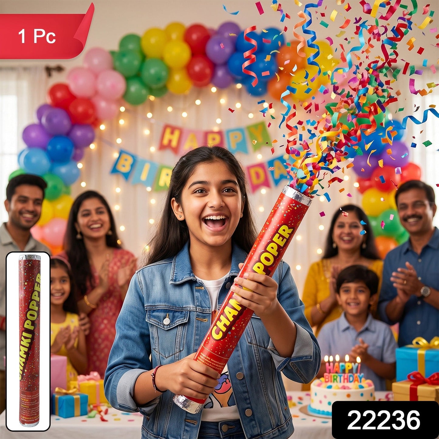 Red Chamki Confetti Party Popper for Birthday Wedding and Celebration (1 Pc) view 2