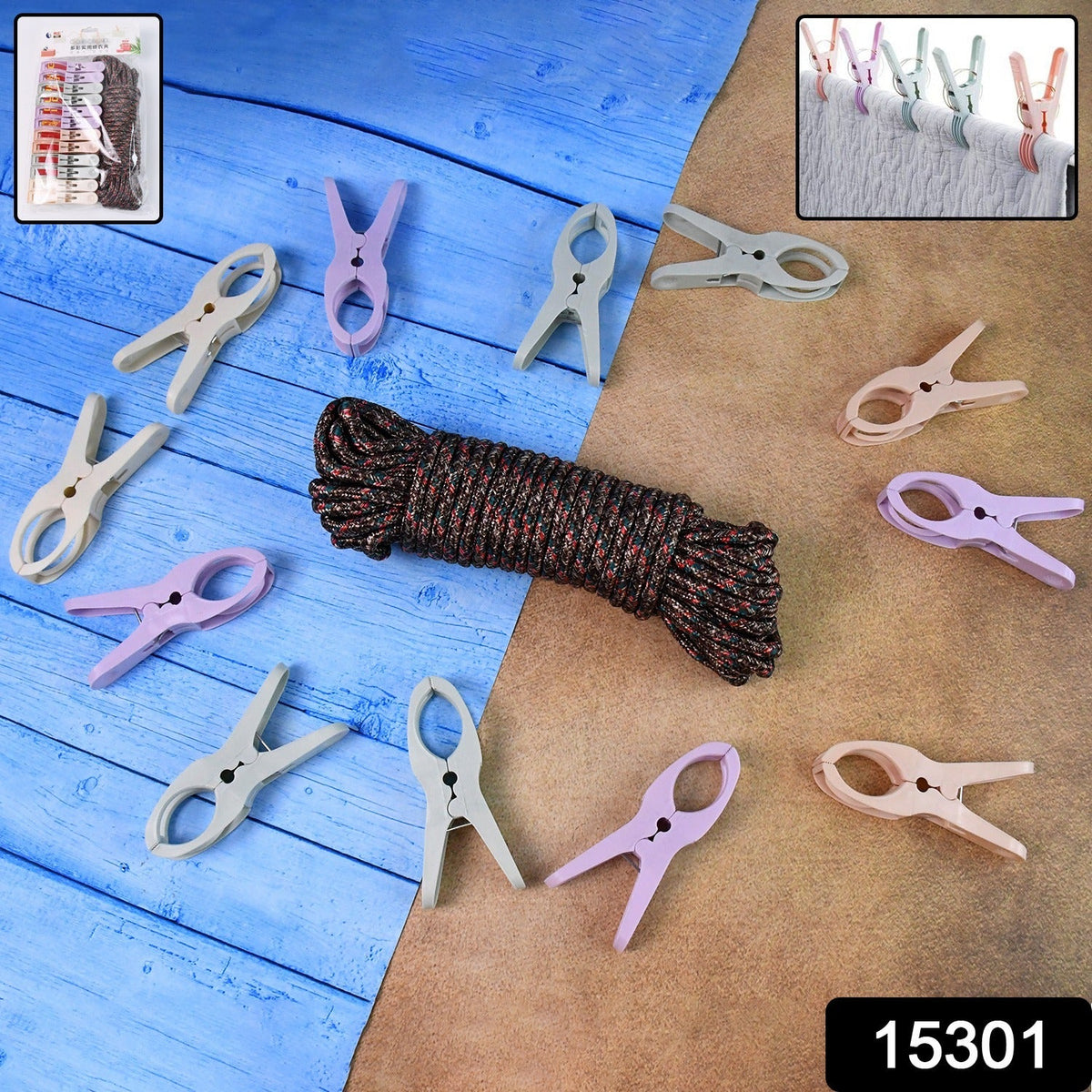 Cloth Drying Rope with Clips – Durable 12-Piece Hanging set – side view