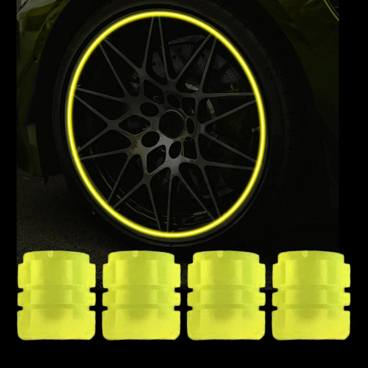 Luminous Tyre Valve Caps – Glow-in-Dark, Universal Fit – close-up