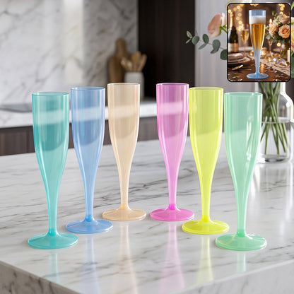 Reusable plastic champagne flutes and wine glasses set in assorted colours (6 pc set)