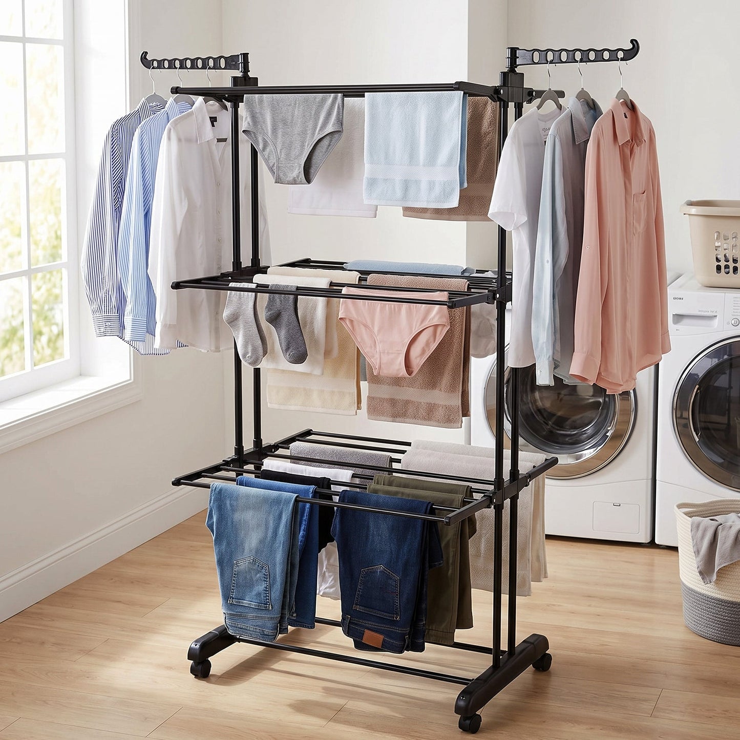 Metal expandable garment rack showing side hangers for clothes.