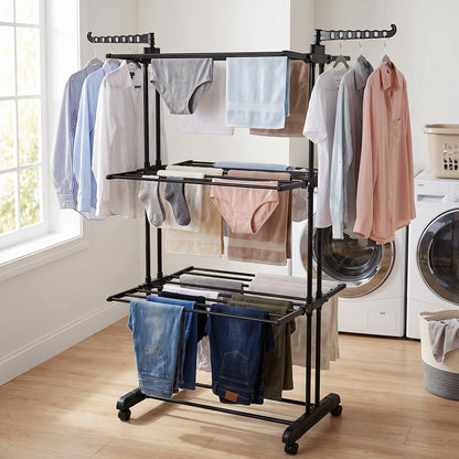 Metal expandable garment rack showing side hangers for clothes.